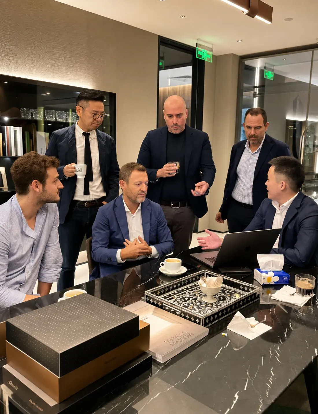 Team discussion around a laptop and material samples