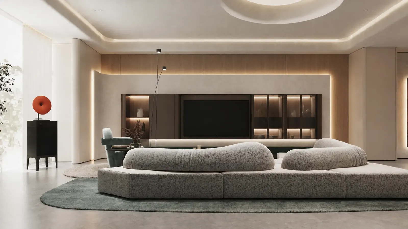 Living room with integrated open cabinets