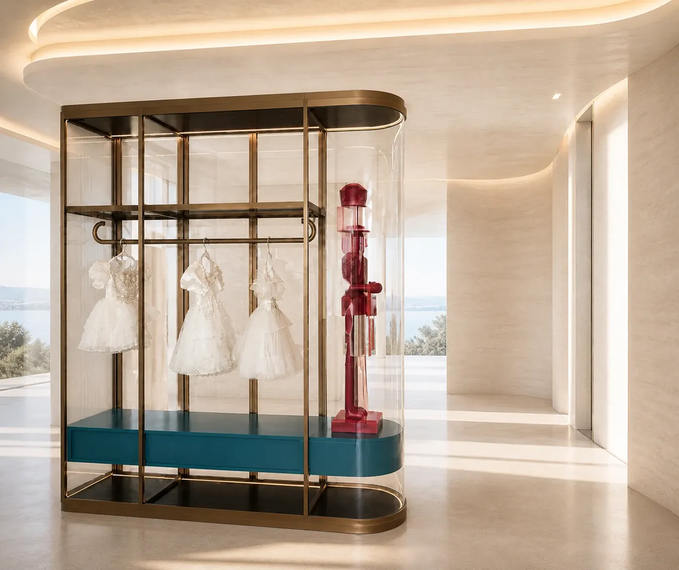 Sculptural curved glass display cabinet from the custom project section